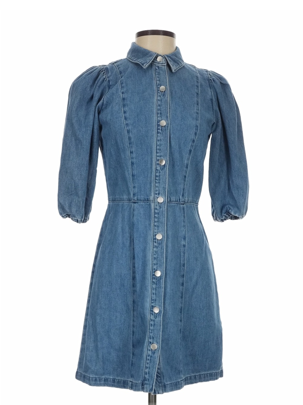 H&M Blue Denim Button-Front Puff Sleeve  Dress